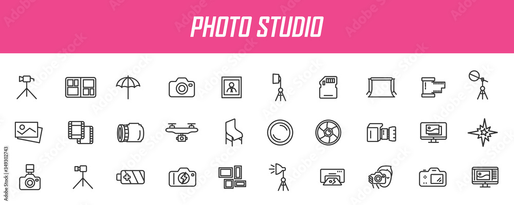 Poster Set of linear photo studio icons. Camera icons in simple design. Vector illustration