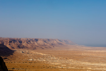 Naklejka na ściany i meble View at coast of the Dead Sea from ruins of high-rise fortress Masada, Israel