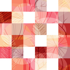 Abstract pink, red seamless pattern with plants, leaves, forest theme. Hand draw texture, vector template.