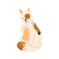 Cat licks, washes a paw, hand drawn cute cat, flat style, modern vector illustration, white isolated background. 