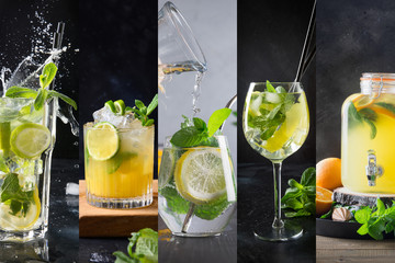 Collage of lemonade and mojito with lemon, mint and lime on dark.