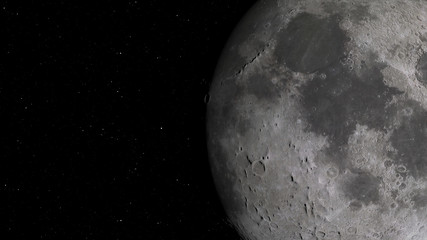 3D rendering of the Moon against the background of space with the illumination of craters and lunar soil