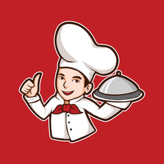 Smiling Chef cartoon character holding a silver platter