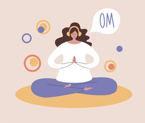 Woman meditating in the Lotus position and saying Om. Young woman with the headphones listening to the guided meditation. Modern flat illustration on yoga and meditation topic. 