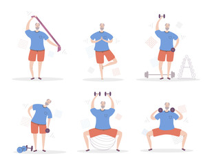 Set of vector illustrations Senior Man Fitness. Smiling grandfather exercising with sport equipment. Active lifestyle for elderly people. Collection of workout for old men scenes in modern flat style.