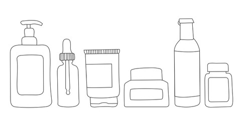 Home beauty routine essensials. Vector hand drawn illustration. Cream, face oil, toner, serum, eye gel. Skin care products for SPA, line art beauty concept.