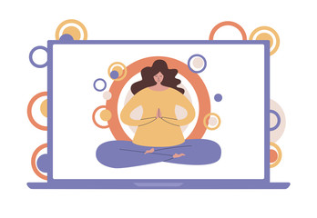 Vector illustration Online yoga. Woman in the Lotus position on the laptop screen. Video workout for women. Guided meditation on Internet. Active lifestyle during self-isolation and quarantine period.