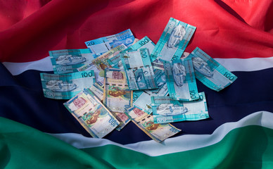 Pieniądze banknoty na fladze Gambii Afryka 