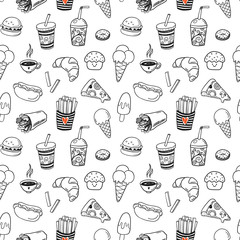 Fototapeta na wymiar Modern doodle seamless pattern with hand drawn fast food elements