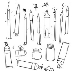 vector hand drawn doodle set. artist's tool, marker, tube, pen