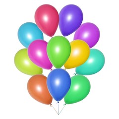Bunch of colorful balloons of all shades, tied together. Isolated object on a white background. Festive decoration for a children's birthday, wedding or party. Collage or banner.
