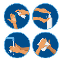 Hand hygienic prpcedures. Sanitizer spray, liquid soap, washing hands, wiping with an antibacterial wipe. Set of cartoon flat vector illustrations, logo or icons isolated on white background.