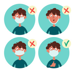 Set of infographic elements. What to do and what not do not when you wear a face mask. Funny cartoon boy wears a mask improperly. Vector illustration isolated on white background.