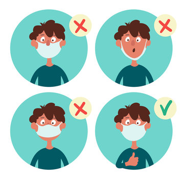 Set Of Infographic Elements. What To Do And What Not Do Not When You Wear A Face Mask. Funny Cartoon Boy Wears A Mask Improperly. Vector Illustration Isolated On White Background.