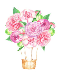 Watercolor illustration with multi-colored balloons and floral decorations. a bouquet of peonies.