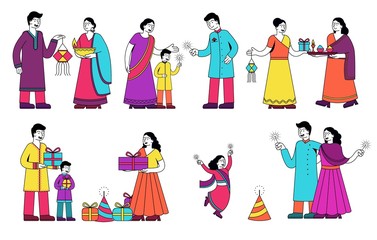 Set of colorful family scenes from India showing assorted family traditions with couples and kids, colored vector illustration