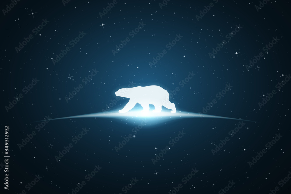 Sticker polar bear in space. vector conceptual illustration with white silhouette of endangered animal and g