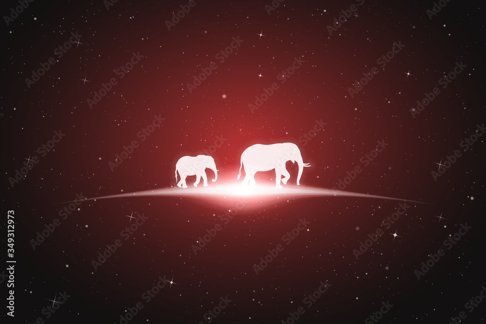 Sticker elephant family walk in space. vector conceptual illustration with white silhouette of endangered an