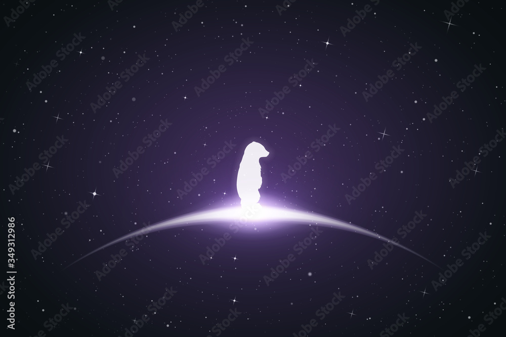 Sticker lonely little bear in space. vector conceptual illustration with white silhouette of endangered anim