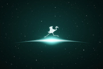 Obraz na płótnie Canvas Running flamingo in space. Vector conceptual illustration with white silhouette of endangered bird and glowing outline. Surreal green background for greeting cards, posters and other design