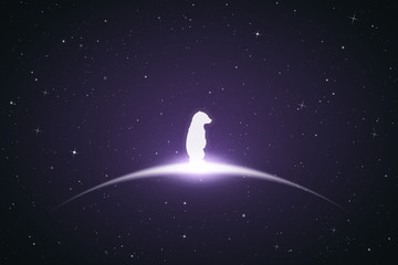 Obraz na płótnie Canvas Lonely little bear in space. Vector conceptual illustration with white silhouette of endangered animal and glowing outline. Surreal violet background for greeting cards, posters and other design