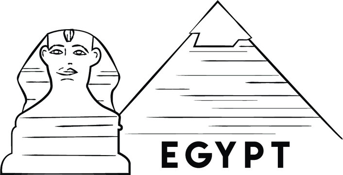 Vector illustration of ancient Egypt. Ancient Sphinx and Pyramid in Gyza. Black and white print design