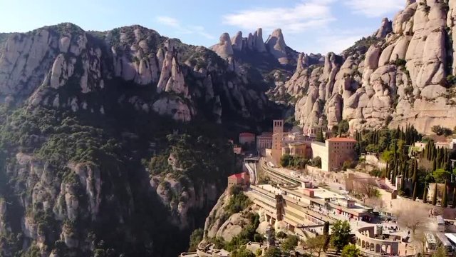 Aerial of a Spanish Monastery in a Astonishing Rocky Mountains, Montserrat