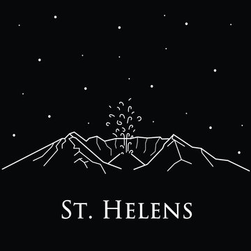 Black And White Vector Illustration With Volcano St. Helens. Mount St. Helens In USA