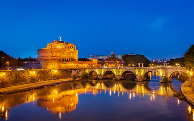 Night view of Castle Sant Angelo (Mausoleum of Hadrian), bridge Sant Angelo and river Tiber in...