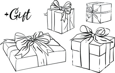 Set of isolated vector illustrations of gifts. Gift packaging with bows. Surprise for the holiday: birthday, new year, Christmas, anniversary, St. Valentine's Day, women's day. Black and white sketch