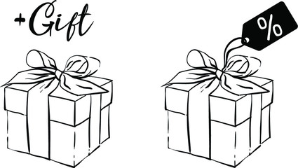 A black and white sketch of a gift box with a label. Vector illustration of a gift, surprise. Promotion, discount, sale.
