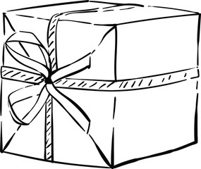 Vector sketch of the gift box. Illustration of gift wrapping with ribbon. Surprise on holiday