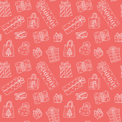 Seamless pattern with hand drawn doodle Christmas gift boxes.