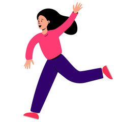 Running girl waving and smiling isolated on white background 