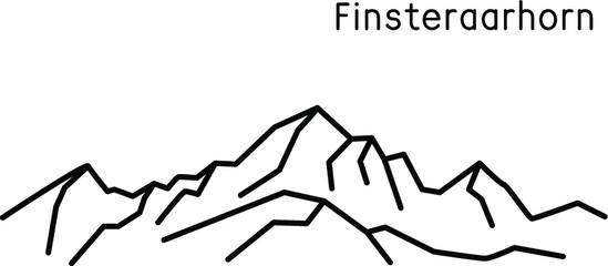 Mountains. Mount Finsteraarhorn. Switzerland. Vector black and white illustration