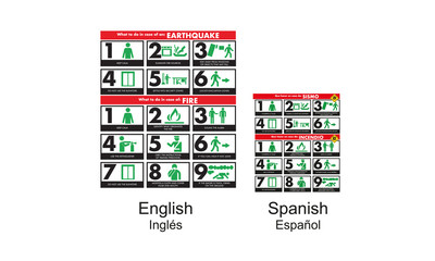 What to do in case of earthquake" and "what to do in case of fire" sign, mandatory civil protection sign, for printed signs in two idioms, english and spanish