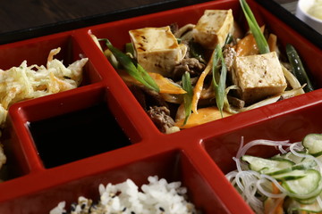 Rice with vegetables, tofu and tempura