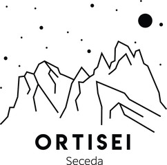 Otrisei. Seceda. Vector black and white outline illustration of mountains in Italy. Dolomitess. Alps. Trekking and hiking. Adventure. Line drawing, line art
