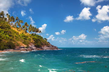 incredible beauty and the paradise secret beach of Haad Nam Tok with the azure sea and a rocky coast on the island of Ko Pha-ngan in Thailand