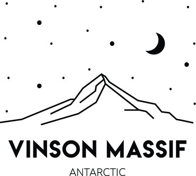 Vinson Massif in Antarctica. Vector black and white illustration. Print design. Nature