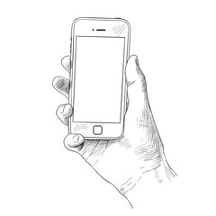 Hand holding mobile phone, sketch vector illustration