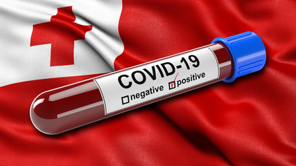 Obraz premium Flag of Tonga waving in the wind with a positive Covid-19 blood test tube. 3D illustration concept for blood testing for diagnosis of the new Corona virus.
