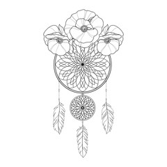 Abstract linear dreamcatcher amulet with poppies flowers. Tattoo dreamcatcher. Mehendi illustration. Vector illustration
