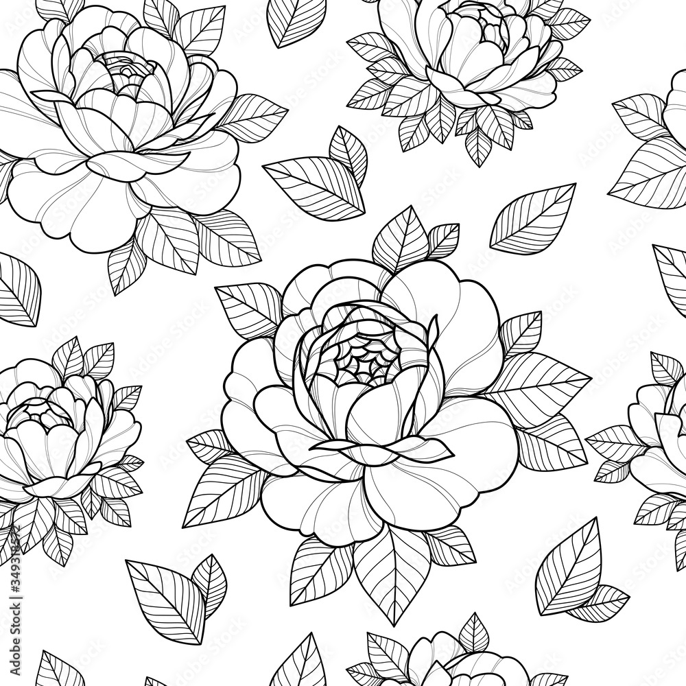 Wall mural seamless pattern with linear peonies flowers and leaves on a white background. floral pattern for gr