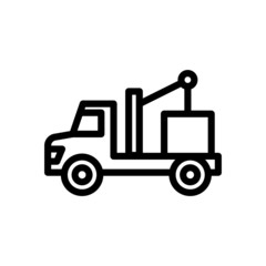 Crane truck lifting icon in line art style on white background, sign for mobile concept and web design, Crane vehicle vector icon, Construction machine symbol, logo illustration