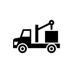 Crane truck lifting icon in black flat design on white background, sign for mobile concept and web design, Crane vehicle vector icon, Construction machine symbol, logo illustration