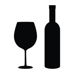 Wine flat icon. Vector isolated black silhouette of bottle and wineglass on white background.