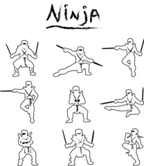 Vector set ninja outline cartoon doodle flat silhouettes