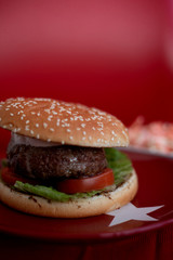 Hamburger on red background
