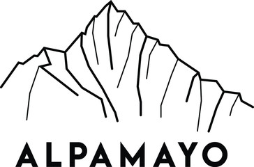 Alpamayo, Peru. Vector black and white illustration of mount. Cordillera, Blanca, Andes. Print design. Hand drawn illustration of mountains in South America 